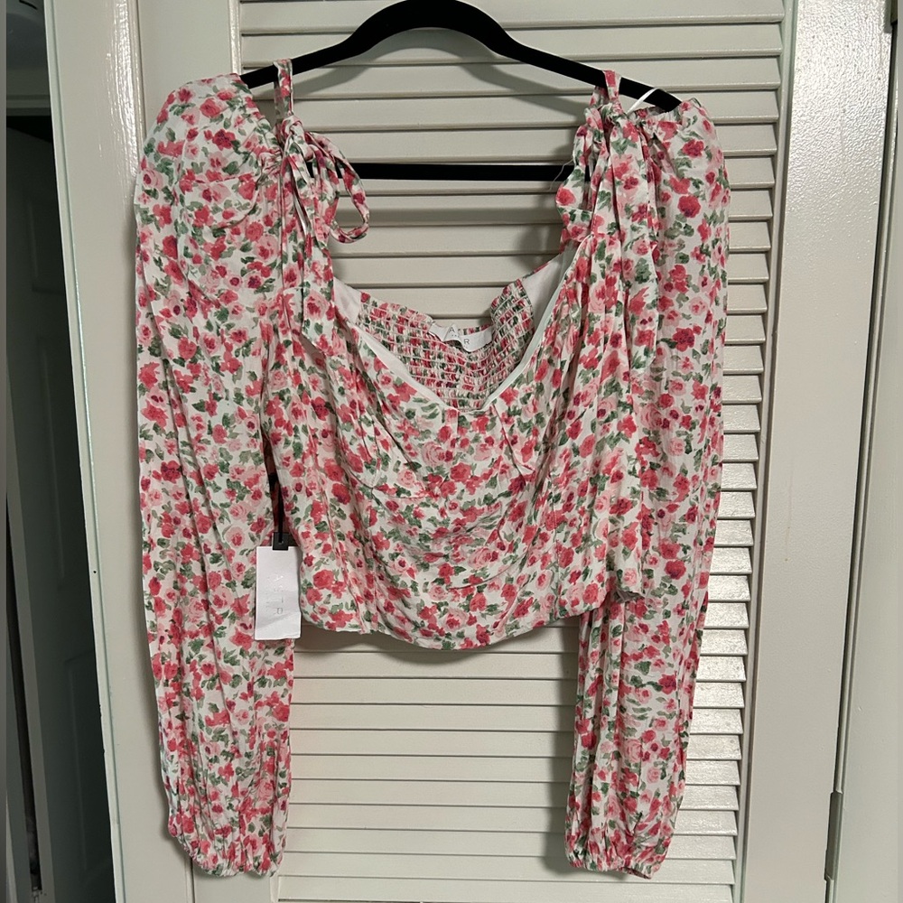 NWT ASTR The Label Floral Tie Shoulder Bustier Style Long Sleeve Top Size XL